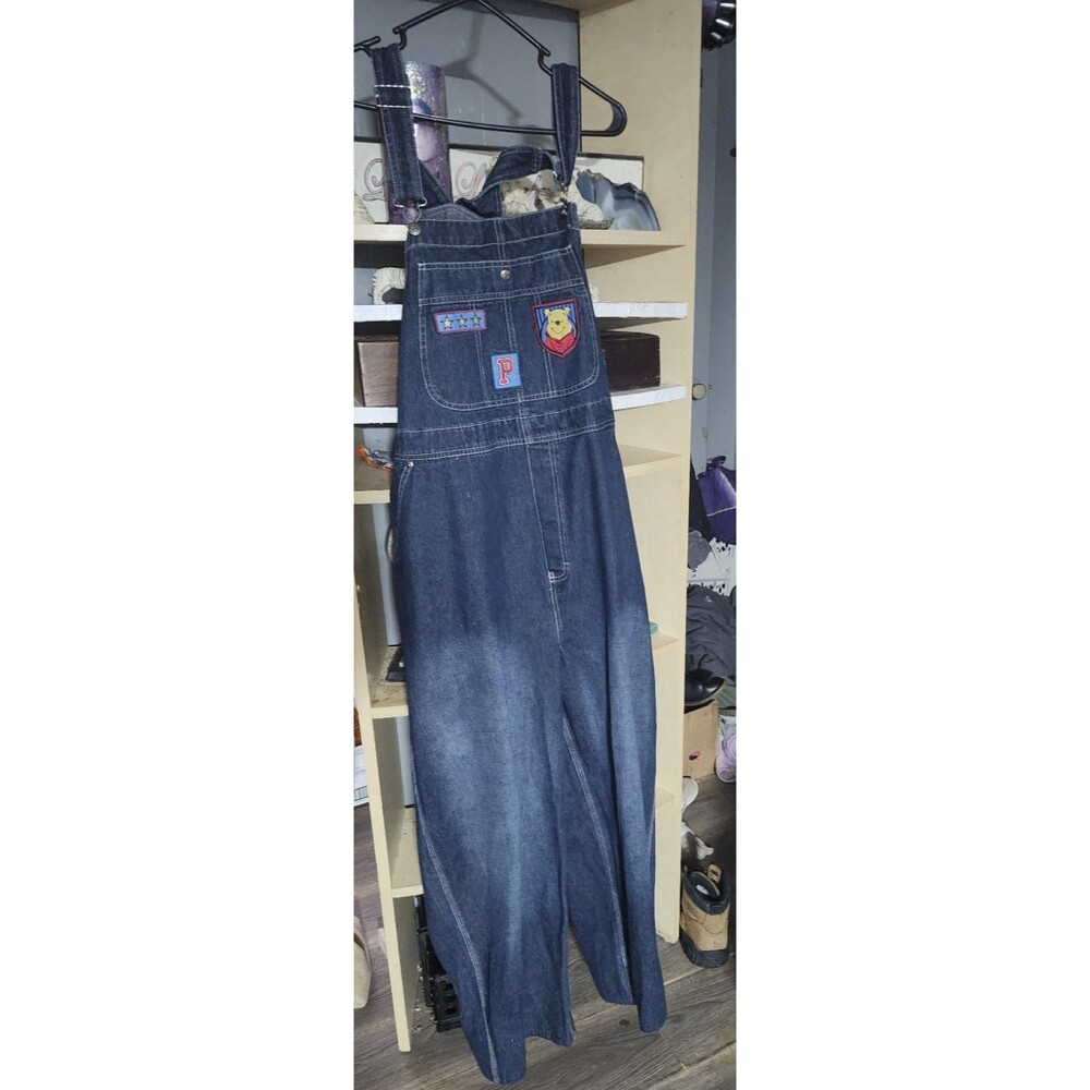 Disney Winnie the Pooh Denim Overalls 2X • Embroidered Patches • 90s